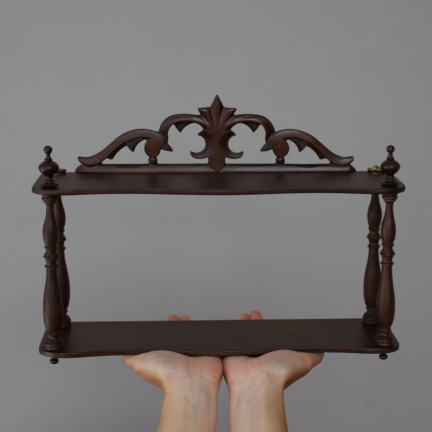 両手の上に載った手乗りナポレオンシェルフ
